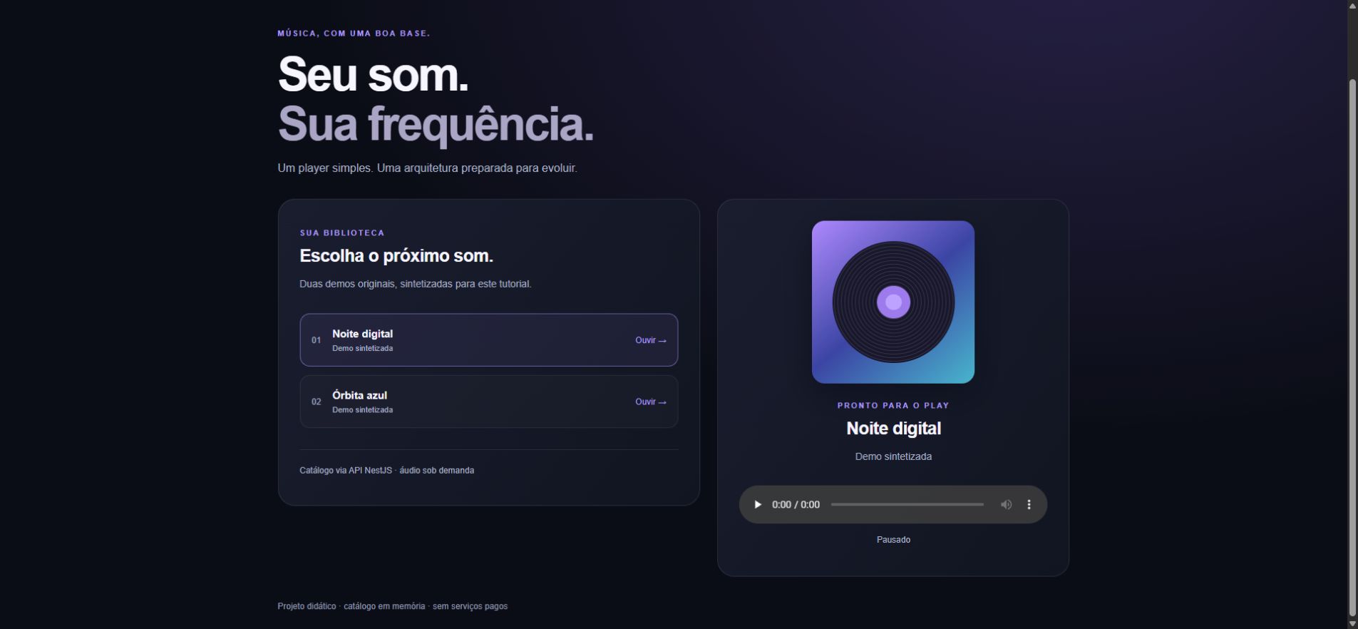 Tela real do Onda com biblioteca de duas faixas e controles nativos de áudio.