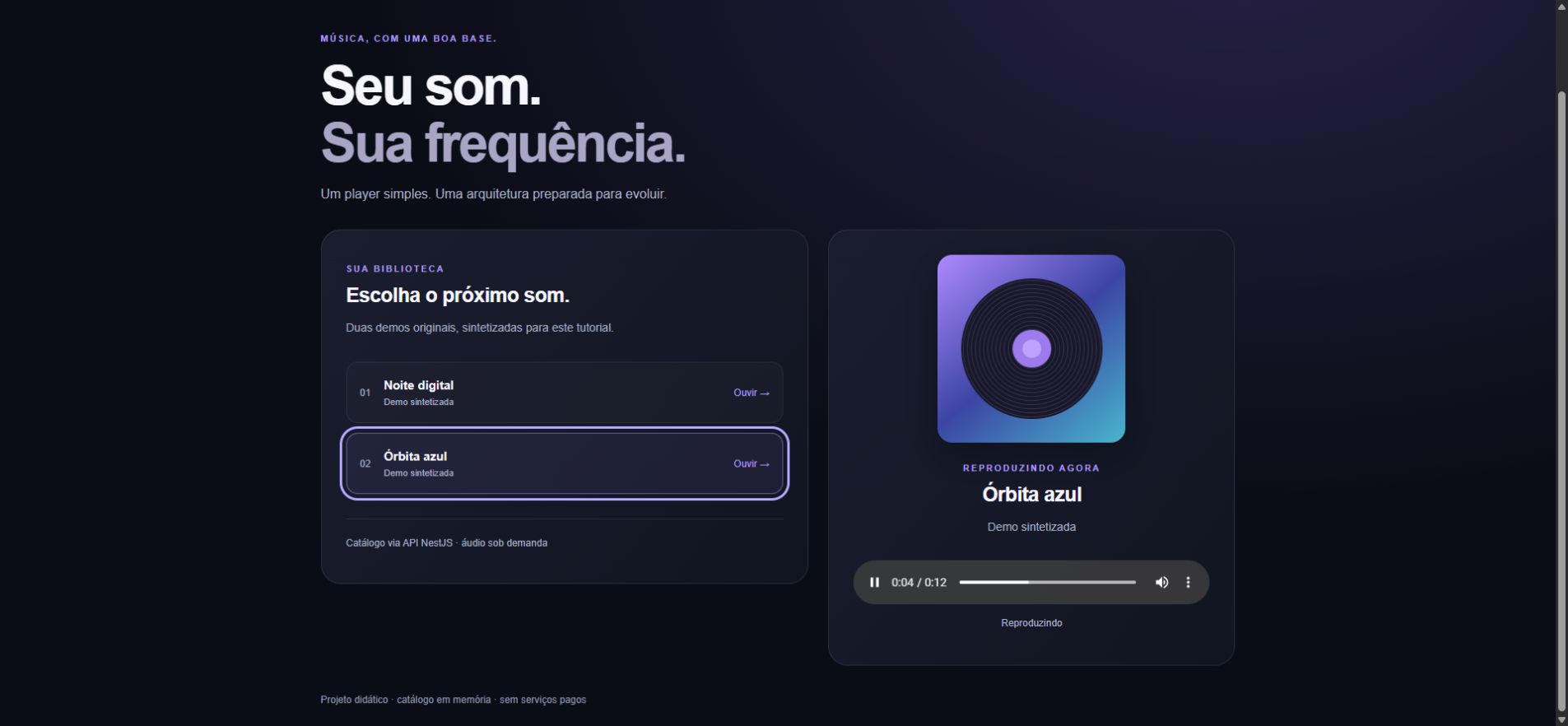 Onda reproduzindo a faixa Órbita azul, com status real de reprodução.