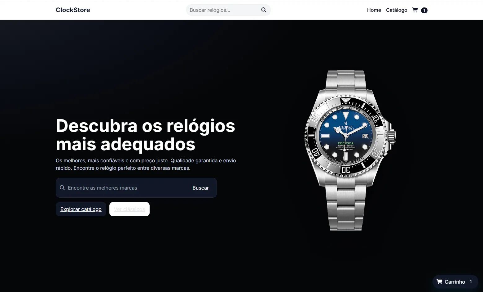 Prévia visual do projeto E-commerce de relógios Clock