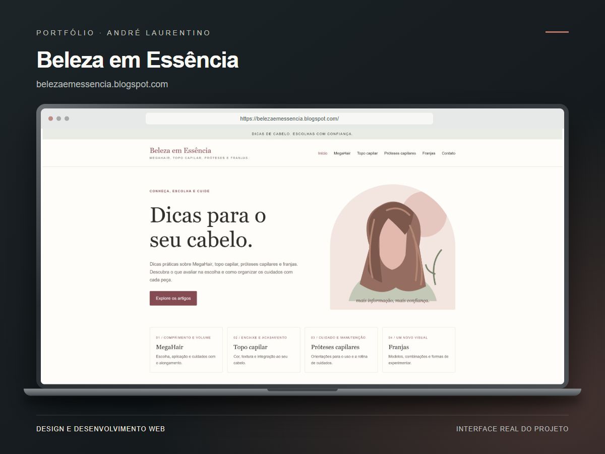 Mockup do site Beleza em Essência — Blog de cuidados capilares