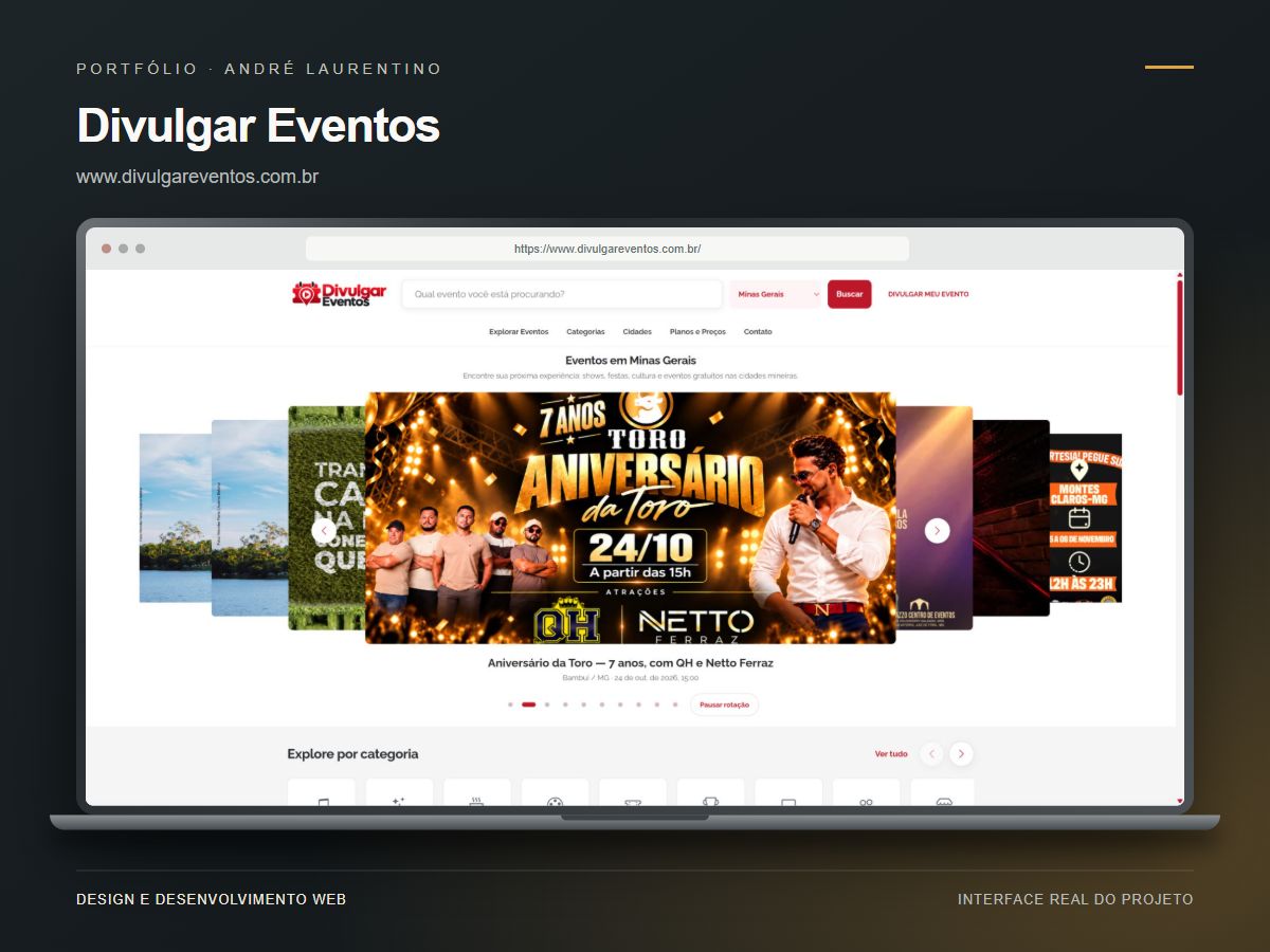Mockup do site Divulgar Eventos — Portal de eventos em Minas Gerais