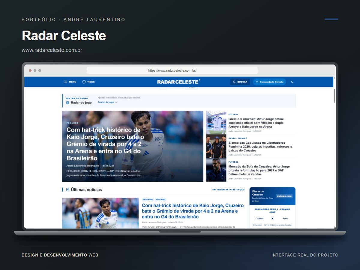 Mockup do site Radar Celeste — Portal independente sobre o Cruzeiro